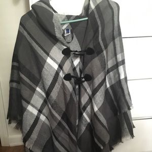 White/Gray Plaid Poncho Sweater